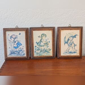 Set of Three Vintage Style Prints on Wood Girls Artist T. Jones & N. Clark